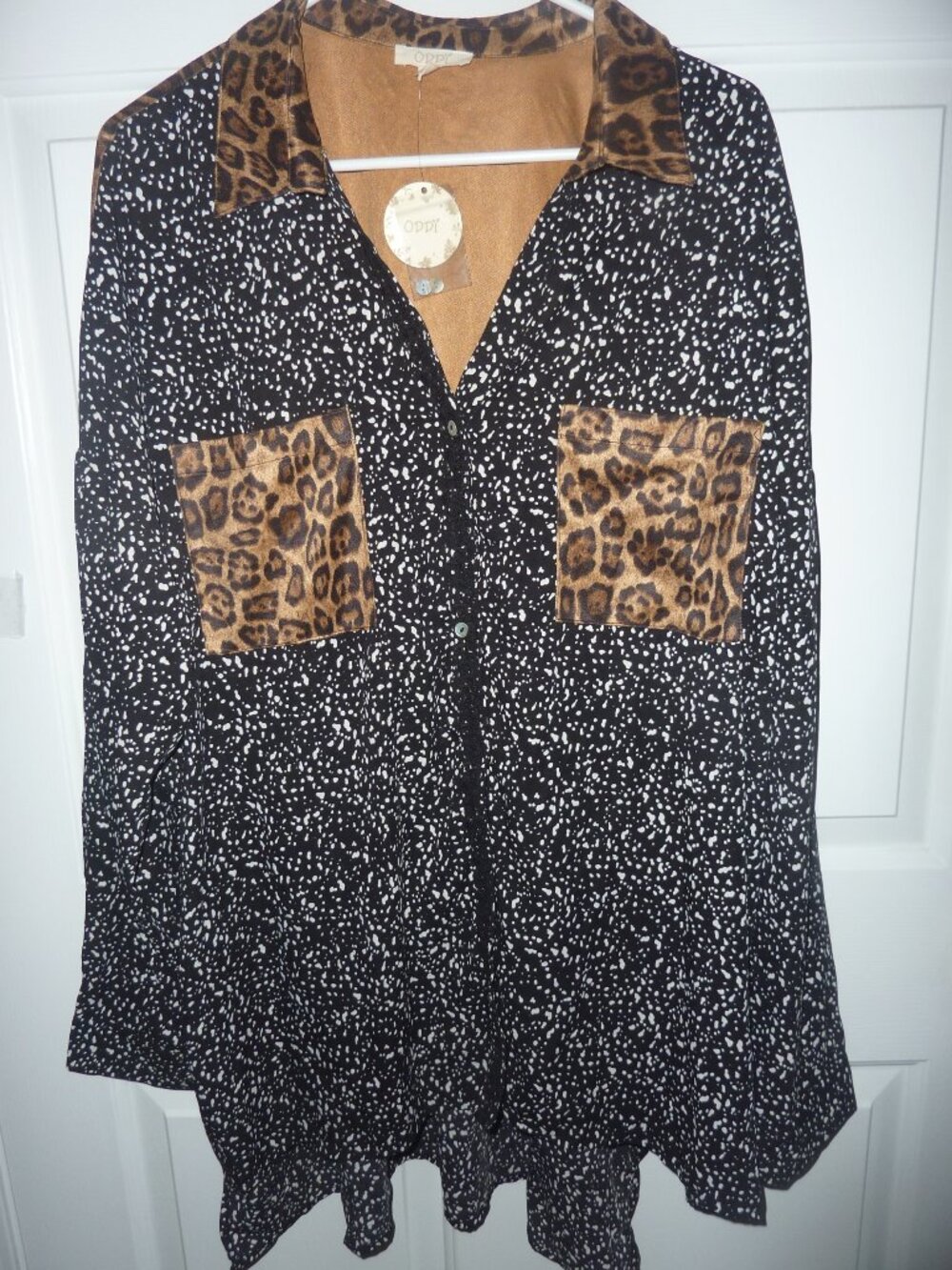 NWT ODDY Button Down Brown Leopard Black White Speckle Print Blouse Tunic 2X XXL